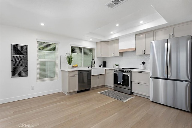 kitchen with appliances with stainless steel finishes, a sink, light wood-style floors, custom exhaust hood, and recessed lighting