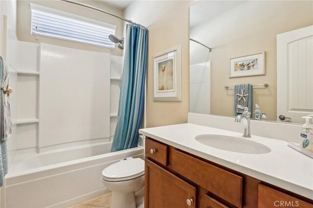 1436 Via Rojas, Hemet, CA 92545 - full bath with shower / bathtub combination with curtain, toilet, vanity, and tile patterned floors