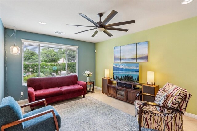 1436 Via Rojas, Hemet, CA 92545 - living room featuring ceiling fan, baseboards, tile patterned floors, and recessed lighting