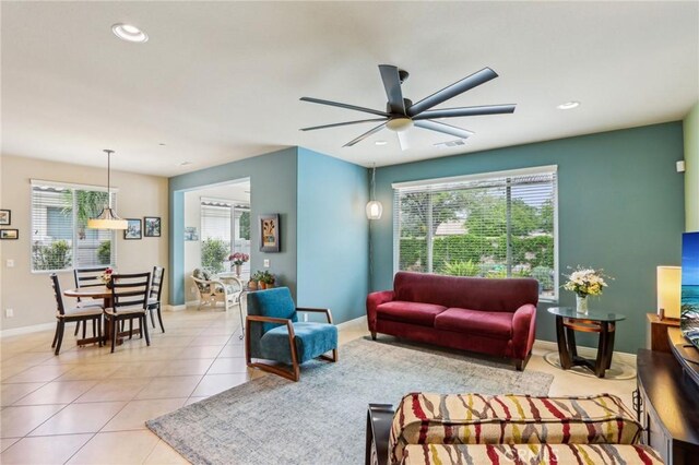 1436 Via Rojas, Hemet, CA 92545 - living room featuring ceiling fan, baseboards, light tile patterned floors, and recessed lighting
