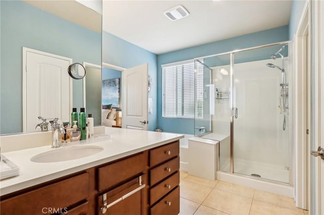 1436 Via Rojas, Hemet, CA 92545 - full bathroom featuring tile patterned flooring, a stall shower, and vanity