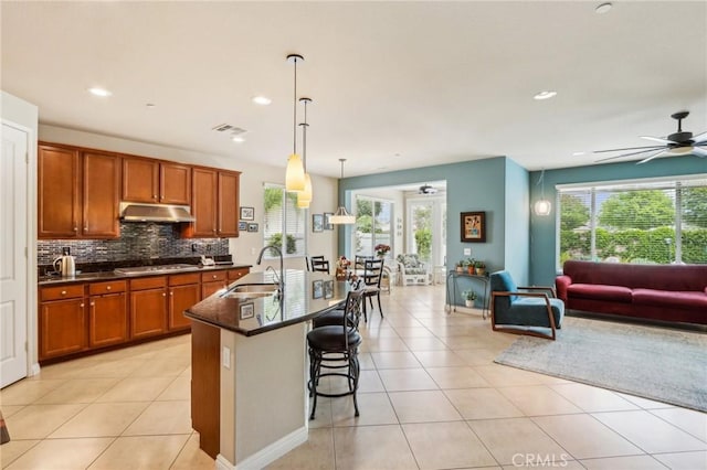 1436 Via Rojas, Hemet, CA 92545 - kitchen featuring under cabinet range hood, brown cabinets, a sink, black electric cooktop, and a ceiling fan