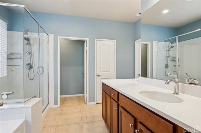 1436 Via Rojas, Hemet, CA 92545 - full bathroom featuring tile patterned flooring, a stall shower, and vanity
