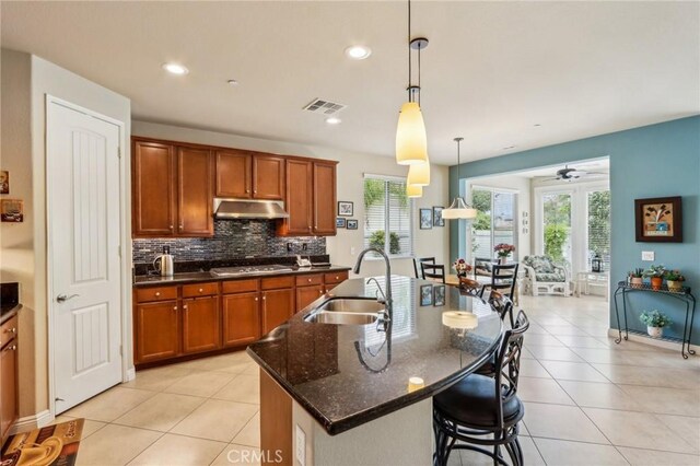 1436 Via Rojas, Hemet, CA 92545 - kitchen with a sink, brown cabinetry, under cabinet range hood, tasteful backsplash, and recessed lighting