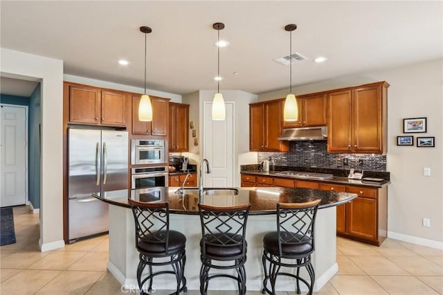 1436 Via Rojas, Hemet, CA 92545 - kitchen featuring appliances with stainless steel finishes, a sink, dark countertops, under cabinet range hood, and recessed lighting