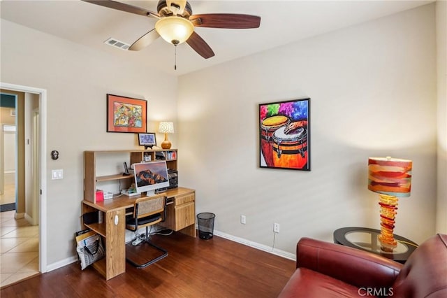 1436 Via Rojas, Hemet, CA 92545 - home office featuring a ceiling fan, baseboards, and dark wood finished floors