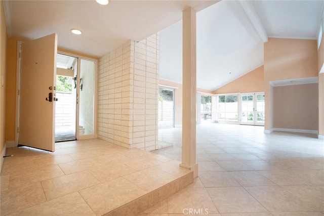 spare room featuring beam ceiling, light tile patterned floors, high vaulted ceiling, and recessed lighting