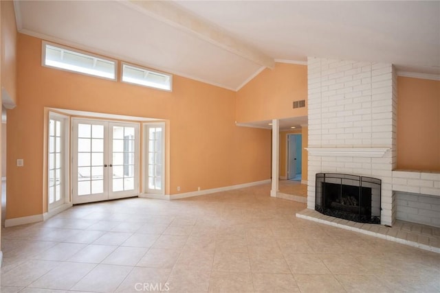 unfurnished living room with beamed ceiling, a fireplace, high vaulted ceiling, baseboards, and light tile patterned floors