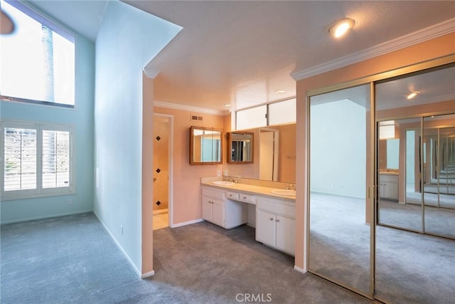 bathroom featuring ornamental molding, plenty of natural light, baseboards, and double vanity