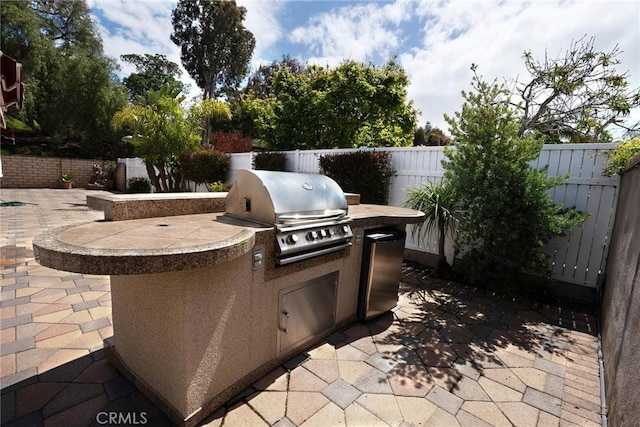 view of patio / terrace featuring area for grilling, a fenced backyard, and an outdoor kitchen