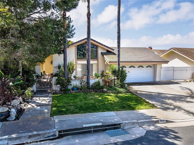 mid-century modern home with a garage, driveway, a tiled roof, a gate, and stucco siding