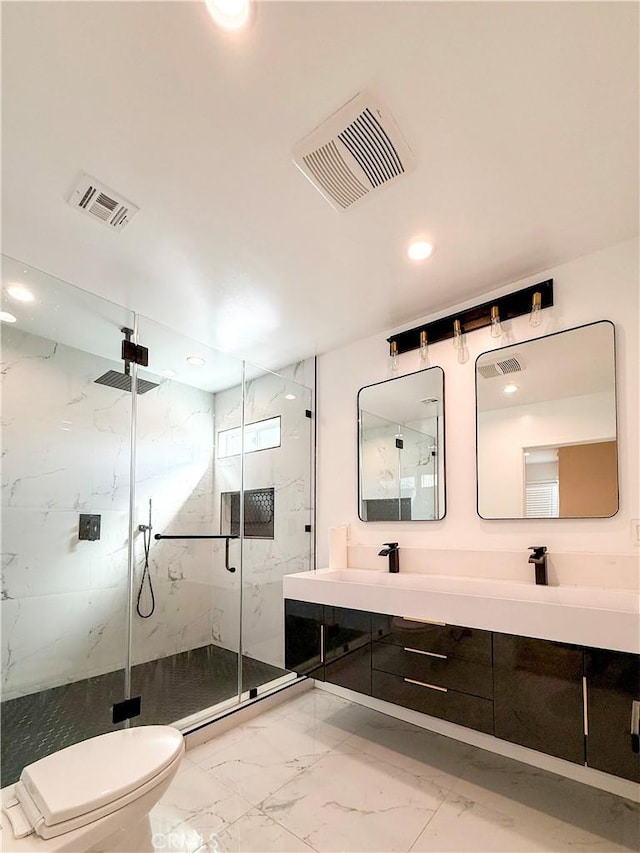 10430 Densmore Ave, Granada Hills, CA 91344 - full bath with marble finish flooring, a marble finish shower, toilet, double vanity, and recessed lighting