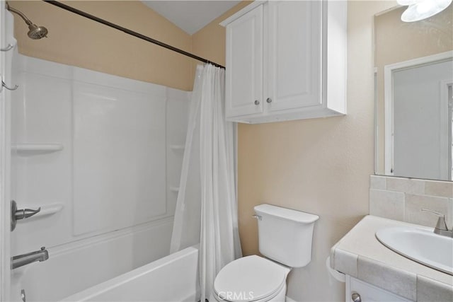 bathroom with decorative backsplash, shower / bath combo with shower curtain, toilet, and vanity