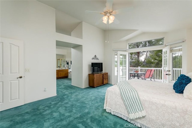21714 Agajanian Ln, Saugus, CA 91350 - bedroom with carpet, access to exterior, baseboards, a high ceiling, and a ceiling fan