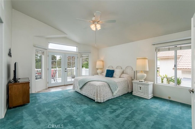 21714 Agajanian Ln, Saugus, CA 91350 - carpeted bedroom featuring french doors, access to exterior, lofted ceiling, baseboards, and ceiling fan
