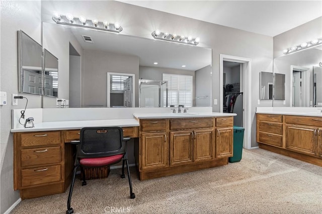 bathroom featuring vanity and a shower stall