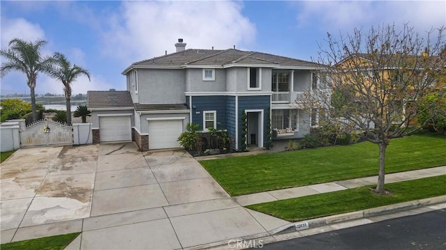 traditional home featuring a gate, stucco siding, concrete driveway, a chimney, and an attached garage