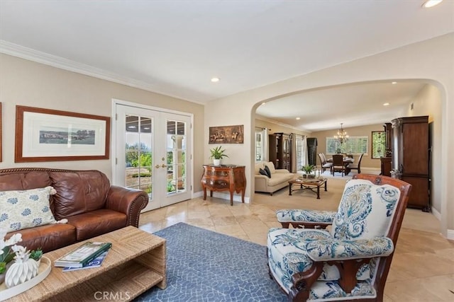 37895 Avenida Bravura, Temecula, CA 92592 - living room featuring arched walkways, plenty of natural light, recessed lighting, a chandelier, and ornamental molding
