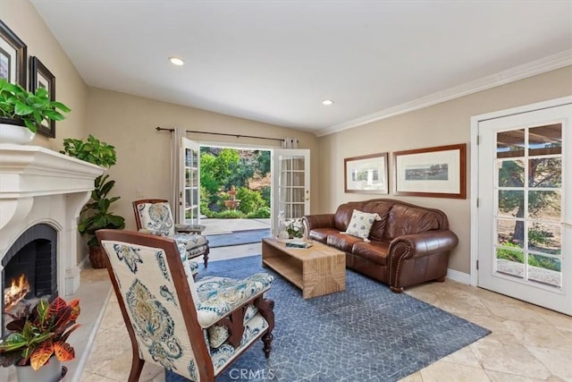 37895 Avenida Bravura, Temecula, CA 92592 - living room featuring a warm lit fireplace, crown molding, and recessed lighting