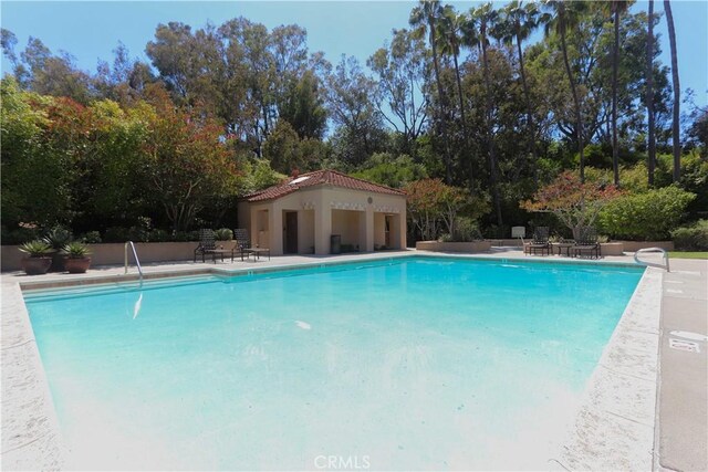 community pool with a patio and view of wooded area