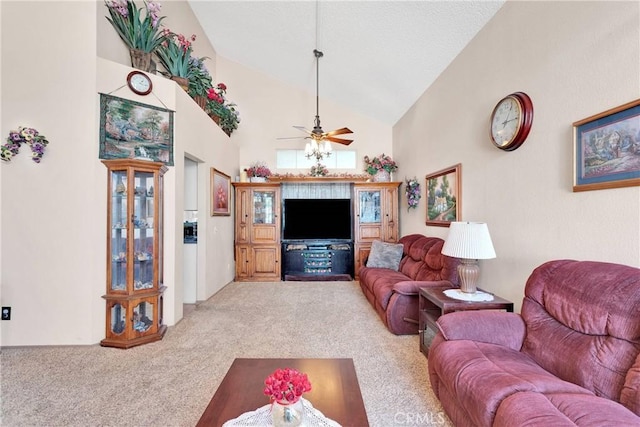 15199 Farmington Ct, Hesperia, CA 92345 - carpeted living room featuring a ceiling fan and high vaulted ceiling