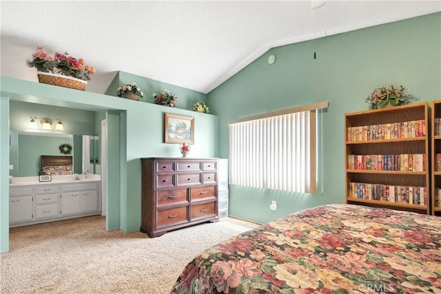15199 Farmington Ct, Hesperia, CA 92345 - bedroom featuring vaulted ceiling, light carpet, and ensuite bathroom