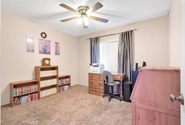 15199 Farmington Ct, Hesperia, CA 92345 - home office with carpet floors, ceiling fan, and a textured ceiling
