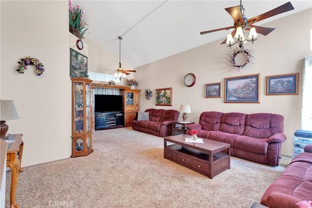 15199 Farmington Ct, Hesperia, CA 92345 - carpeted living room with ceiling fan, high vaulted ceiling, and a textured ceiling