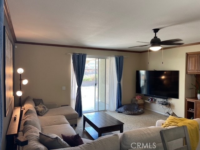 124 Lighthouse Ct, San Jacinto, CA 92583 - carpeted living room featuring ornamental molding and ceiling fan