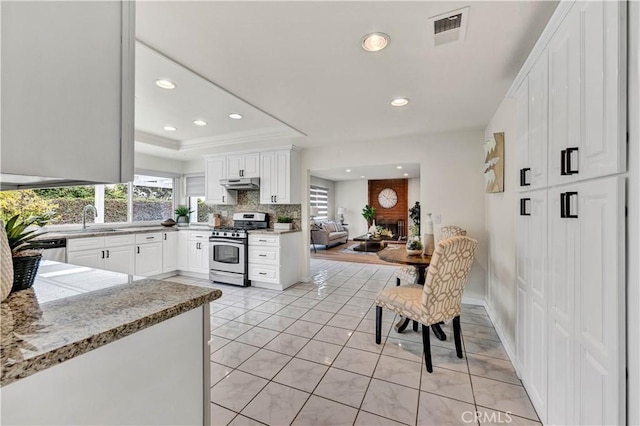 kitchen with stainless steel appliances, under cabinet range hood, backsplash, recessed lighting, and light tile patterned floors