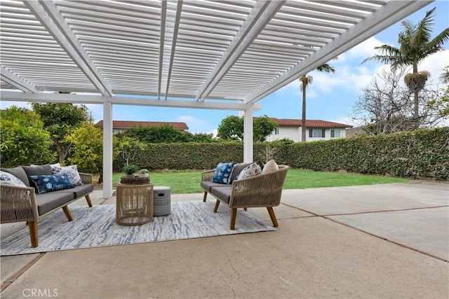 view of patio featuring an outdoor living space and a pergola