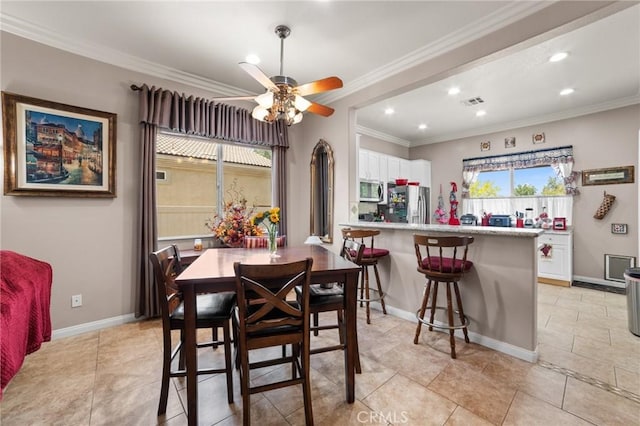 19536 Cherrydale Ct, Apple Valley, CA 92308 - dining space with plenty of natural light, a ceiling fan, recessed lighting, ornamental molding, and baseboards