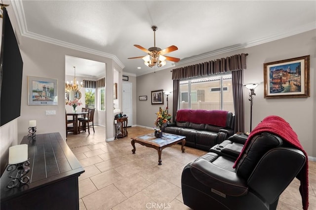 19536 Cherrydale Ct, Apple Valley, CA 92308 - living room with a chandelier, a ceiling fan, crown molding, light tile patterned floors, and baseboards