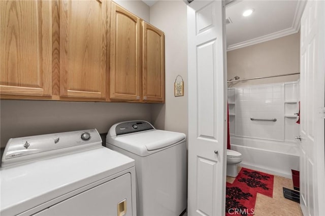 19536 Cherrydale Ct, Apple Valley, CA 92308 - washroom featuring cabinet space, washer and clothes dryer, and ornamental molding