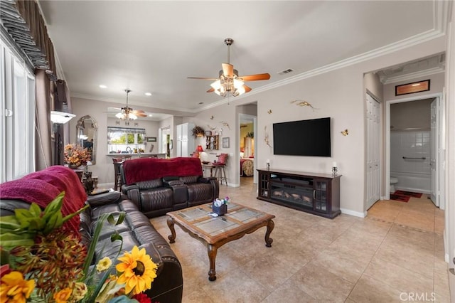 19536 Cherrydale Ct, Apple Valley, CA 92308 - living area with a ceiling fan, baseboards, ornamental molding, light tile patterned floors, and recessed lighting