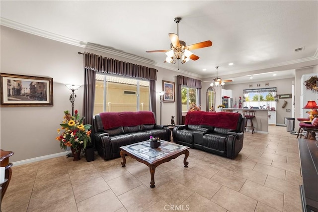 19536 Cherrydale Ct, Apple Valley, CA 92308 - living room with ceiling fan, ornamental molding, baseboards, and light tile patterned flooring