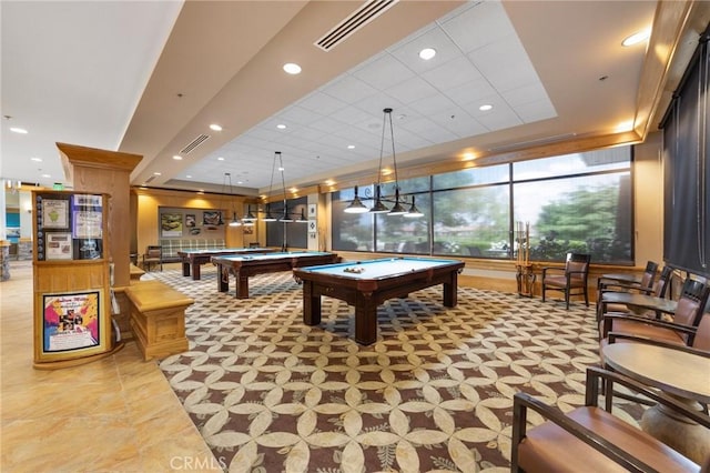 19536 Cherrydale Ct, Apple Valley, CA 92308 - game room featuring billiards, a tray ceiling, light colored carpet, and recessed lighting