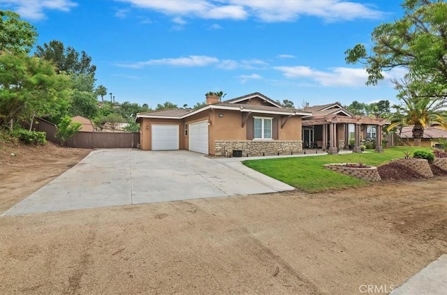 1232 Tucson Ave, Norco, CA 92860 - single story home featuring stone siding, stucco siding, an attached garage, concrete driveway, and a chimney