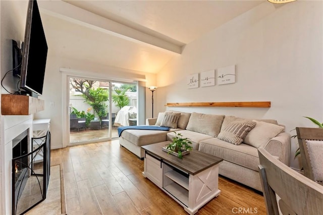 bedroom with access to exterior, light wood-style flooring, and a lit fireplace