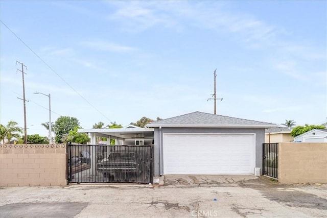 detached garage featuring fence and a gate