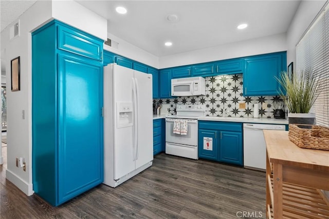 6134 Arroyo Rd Unit 3, Palm Springs, CA 92264 - kitchen with white appliances, blue cabinetry, dark wood finished floors, light countertops, and recessed lighting