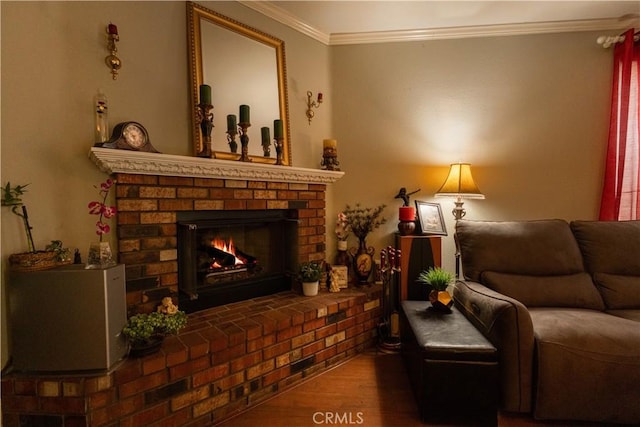 970 Riverview Cir, Corona, CA 92881 - living room featuring ornamental molding, a fireplace, and wood finished floors
