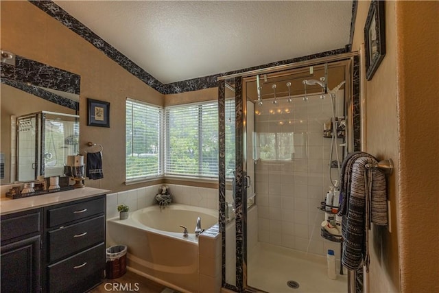 970 Riverview Cir, Corona, CA 92881 - full bath with a stall shower, a garden tub, vanity, a textured wall, and a textured ceiling