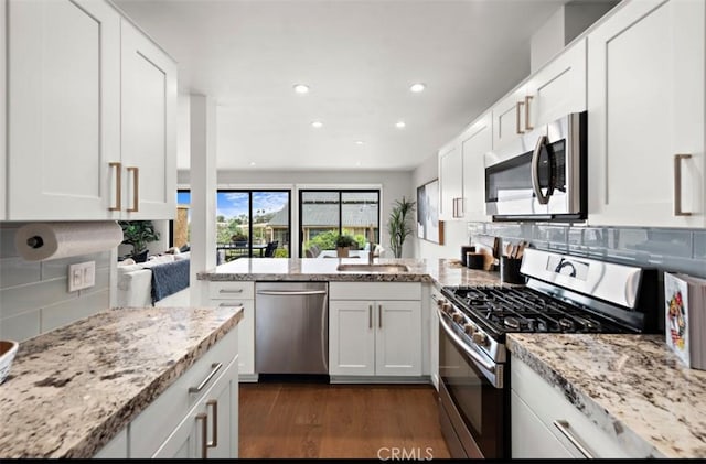 206 Avenida Adobe, San Clemente, CA 92672 - kitchen with appliances with stainless steel finishes, dark wood-style flooring, a peninsula, recessed lighting, and a sink
