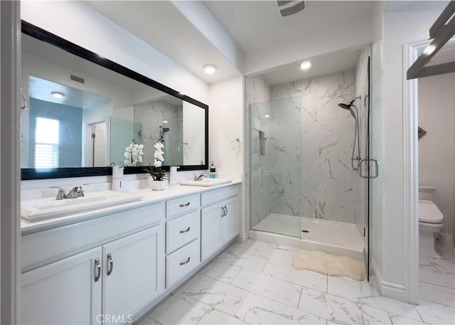 148 Spectacle, Irvine, CA 92618 - bathroom with marble finish floors, a marble finish shower, double vanity, and recessed lighting