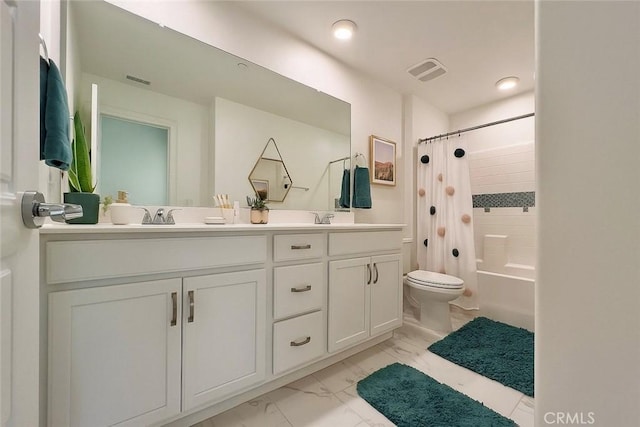 148 Spectacle, Irvine, CA 92618 - bathroom with marble look tile flooring, double vanity, shower / bath combo with shower curtain, and recessed lighting