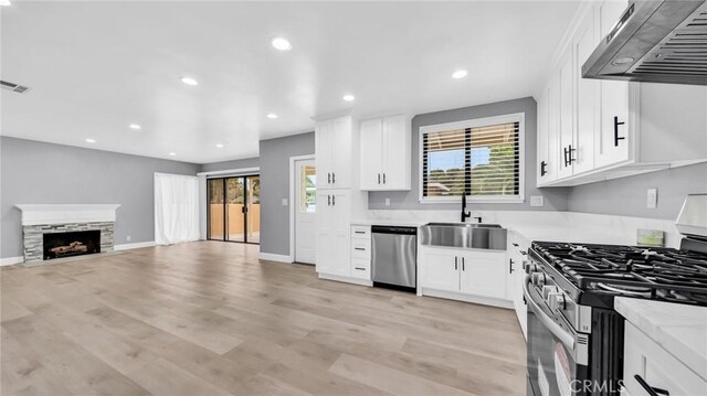 kitchen featuring stainless steel appliances, exhaust hood, a sink, light countertops, and light wood finished floors
