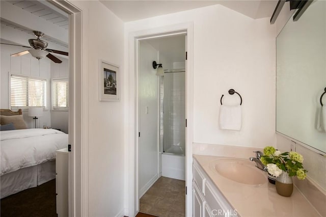 28956 Palisades Dr, Lake Arrowhead, CA 92352 - full bath with ceiling fan, ensuite bathroom, combined bath / shower with glass door, and vanity