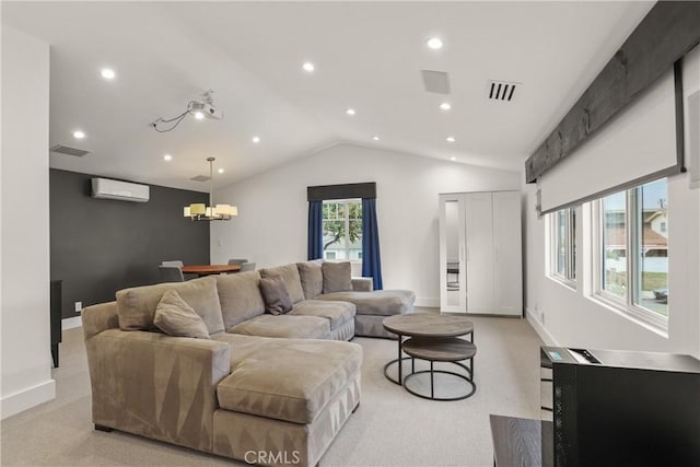 515 Traverse Dr, Costa Mesa, CA 92626 - living area featuring a wall mounted AC, light colored carpet, recessed lighting, vaulted ceiling, and baseboards