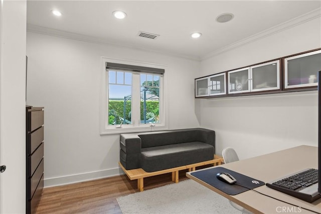 515 Traverse Dr, Costa Mesa, CA 92626 - home office featuring wood finished floors, crown molding, recessed lighting, and baseboards